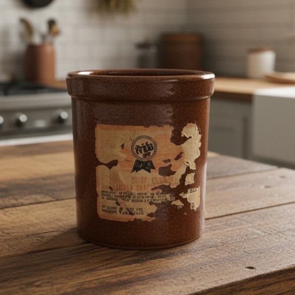 Brown Stoneware Cheese Crock, Vintage Ceramic Container Worn Label, Rustic Decor